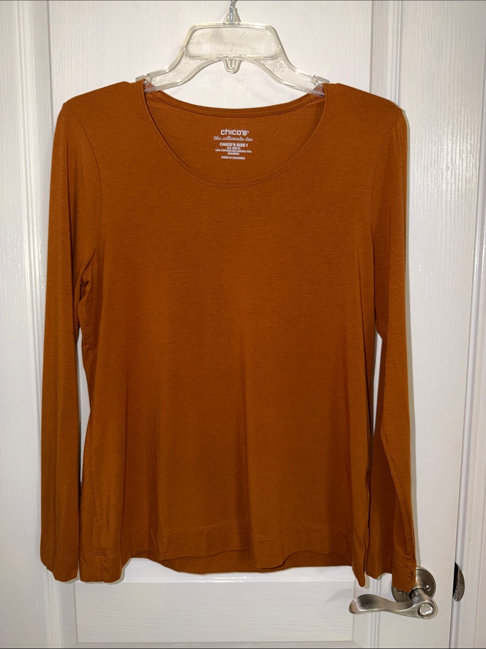 Chico's Long-Sleeve Scoop Neck Top — Burnt Orange